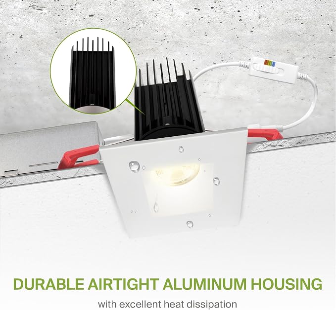 ASD 2 Inch LED Recessed Lighting with Junction Box, 15W 1100 Lumens, Dimmable Anti-Glare Downlight, 2700K/3000K/3500K/4000K/5000K Selectable, CRI 90+, Square White Trim, IC Rated, ETL, Energy Star