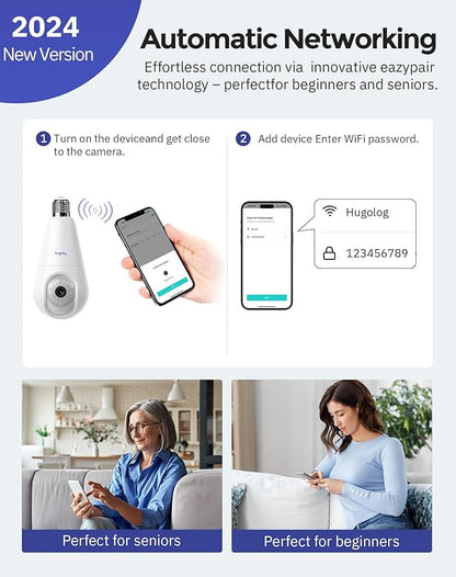 Hugolog 2K 3MP Light Bulb Security Camera 5G& 2.4GHz WiFi, 360° Wireless Outdoor Indoor Camera for Home, Motion Detection, Two-Way Talk, Color Night Vision, Siren Alarm, Compatible with Alexa(2 Pack)