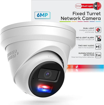6MP PoE IP Turret Camera, PoE Camera Outdoor w/Red-Blue Alarm Lights & Sound, 98FT Smart Color Night Vision, 2-Way Audio, AI Human/Vehicle Detection, Full Metal IP67, 114°Wide Angle