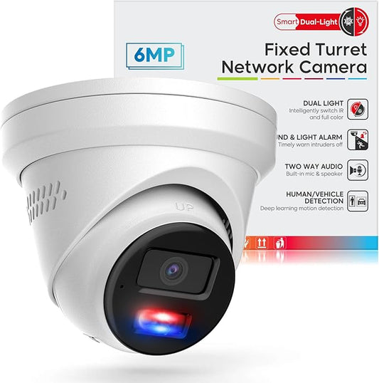 6MP PoE IP Turret Camera, PoE Camera Outdoor w/Red-Blue Alarm Lights & Sound, 98FT Smart Color Night Vision, 2-Way Audio, AI Human/Vehicle Detection, Full Metal IP67, 114°Wide Angle