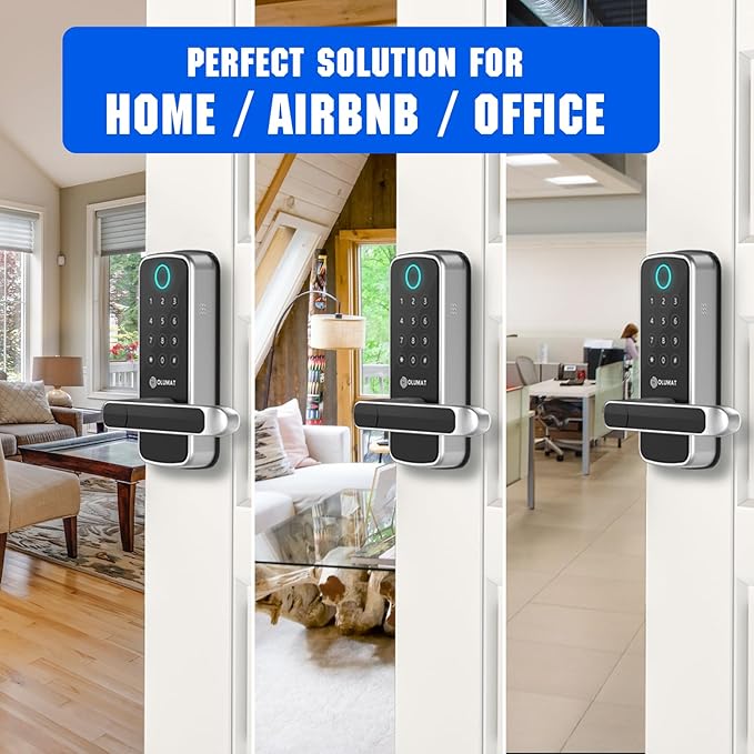 OLUMAT Smart Door Lock with WiFi Gateway, Keyless Entry Door Lock with Handle - Smart Locks for Front Door with Keypad - Fingerprint Locks with App Control - Auto Lock