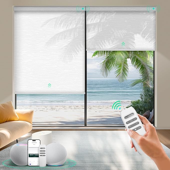 HeyBlinds Motorized Blinds with Remote, Smart Roller Shades with App & Voice Control, Work with Alexa Google HomeKit, Light Filtering Custom Window Shades for Living Room Office (Moon River-White LF)