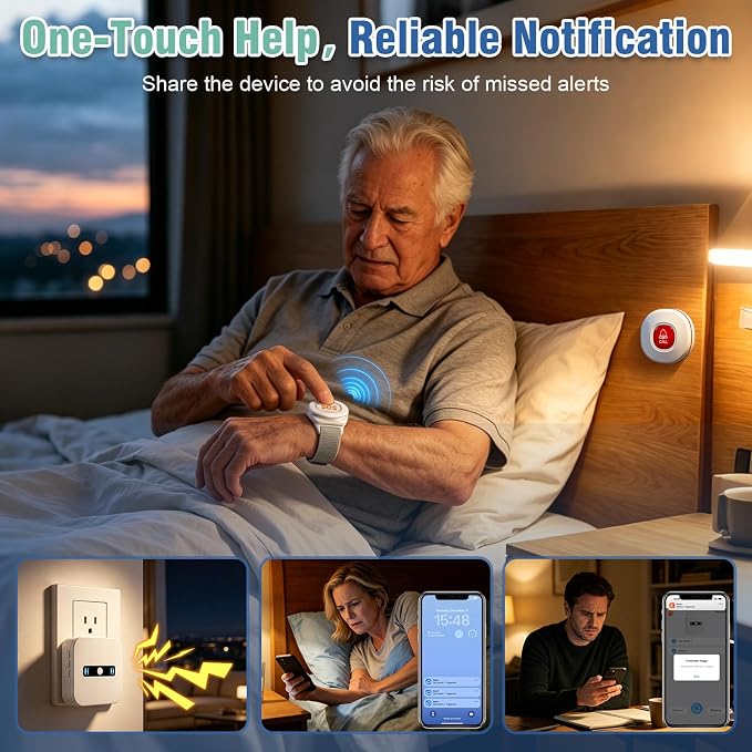 DAYTECH WiFi Caregiver Call Button Calls Phone, 1Button 1 Wrist 2 Receiver | Emergency Button for Seniors with App Alert, 2.4GHz WiFi Only, Senior Alarm Home Care, Bedside Bathroom Use
