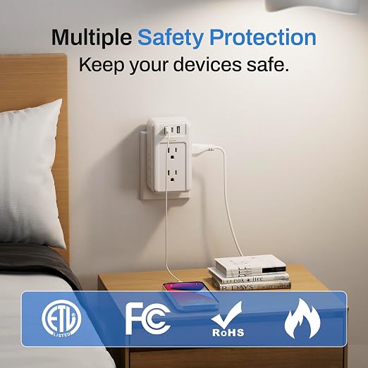 BN-LINK Multi Plug Outlet, 6 Wall Outlet Extender with 3 USB Charging Ports (1 USB C) Total 3.4A, 3-Sided Outlets Splitter Multiple Outlet Wall Plug for Home Office Dorm Room