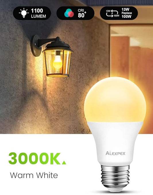 Dusk to Dawn LED Light Bulbs, 13W(100W Equivalent) 1100LM, 3000K Warm White, A19 E26 Automatic Sensor Lighting for Indoor Outdoor, Lightbulbs for Porch, Front Door, Entryway, 3 Pack