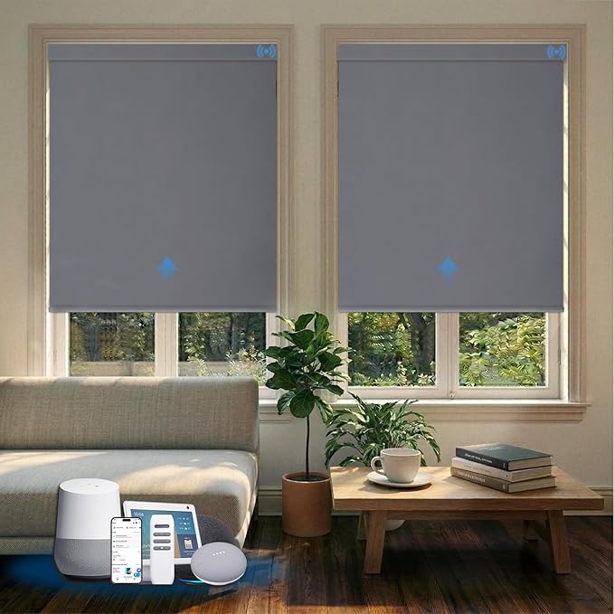 Motorized Blinds with Remote, Blackout Smart Blinds for Windows Automatic Shades Compatible with Alexa, Motorized Shades Customized for Bedroom Home Office (Blackout-Fabric Light Grey)