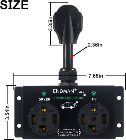 Automatic Power Switch for Dryer and EV Charger (NEMA 14-30P Only) - Intelligent Splitter Sharing 240V Outlet - Level 2 Home Charging Station for Renters - Compatible with Tesla & All EVs