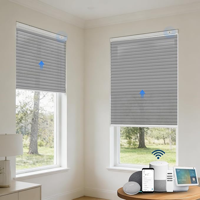 Motorized Cellular Shades with Remote, Light Filtering Smart Cellular Shades Compatible with Alexa, Honeycomb Window Blinds for Bedroom Home Office, Custom Size, Half Shading Grey