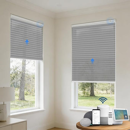 Motorized Cellular Shades with Remote, Light Filtering Smart Cellular Shades Compatible with Alexa, Honeycomb Window Blinds for Bedroom Home Office, Custom Size, Half Shading Grey