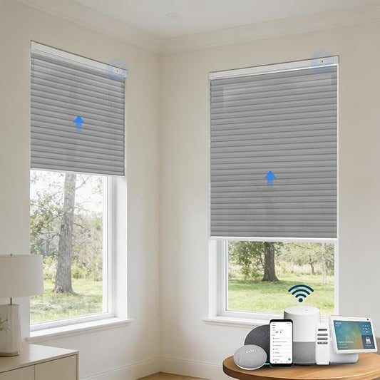 Motorized Cellular Shades with Remote, Light Filtering Smart Cellular Shades Compatible with Alexa, Honeycomb Window Blinds for Bedroom Home Office, Custom Size, Half Shading Grey
