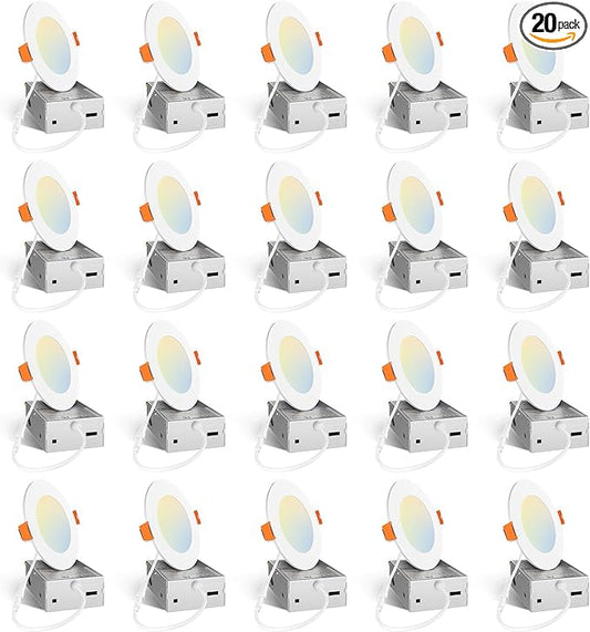Amico 20 Pack 4 Inch 5CCT Ultra-Thin LED Recessed Ceiling Light with Junction Box, 2700K/3000K/3500K/4000K/5000K Selectable, 11W Eqv 70W, Dimmable Can Light, 800LM High Brightness Downlight - ETL