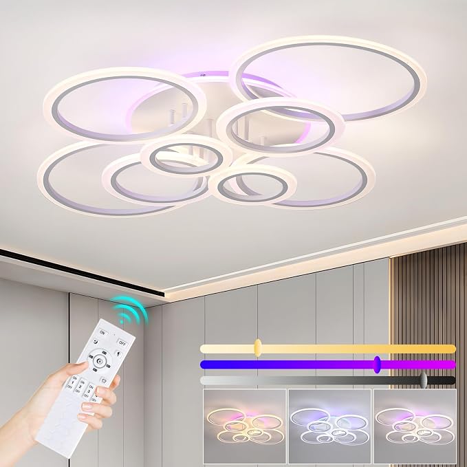 80W LED Ceiling Light, Dimmable 8-Ring Flush Mount Fixture, White | 41.3" Modern Ceiling Light with Remote, 4800LM, 3000K-6000K Tunable White & 3-Color Backlight for Living Room Bedroom Kitchen