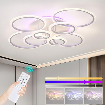 80W LED Ceiling Light, Dimmable 8-Ring Flush Mount Fixture, White | 41.3" Modern Ceiling Light with Remote, 4800LM, 3000K-6000K Tunable White & 3-Color Backlight for Living Room Bedroom Kitchen