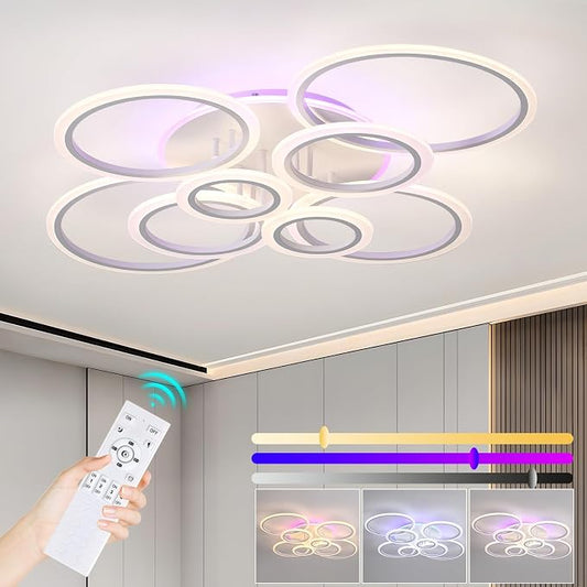 80W LED Ceiling Light, Dimmable 8-Ring Flush Mount Fixture, White | 41.3" Modern Ceiling Light with Remote, 4800LM, 3000K-6000K Tunable White & 3-Color Backlight for Living Room Bedroom Kitchen