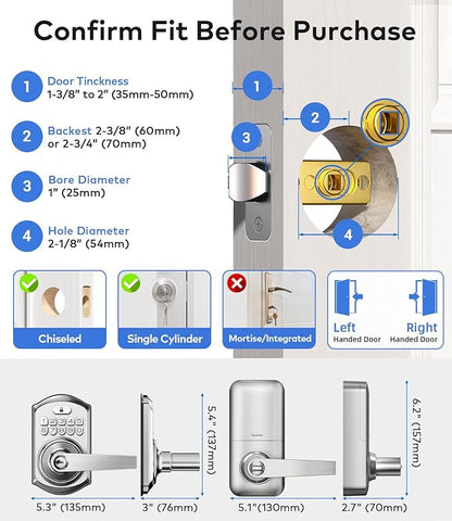 TEEHO TE019 Smart Keypad Door Lock with Handle, App Control, Keyless Entry Electronic Lock, Remote One-Time Codes, Auto Lock, Passage Mode, for Bedroom, Interior Door & Rental, Satin Nickel