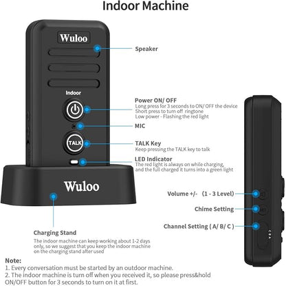 Wuloo Wireless Intercom Doorbells for Home Classroom, Intercomunicador Waterproof Electronic Doorbell Chime with 1/2 Mile Range 3 Volume Levels Rechargeable Battery (Black, 2&2)
