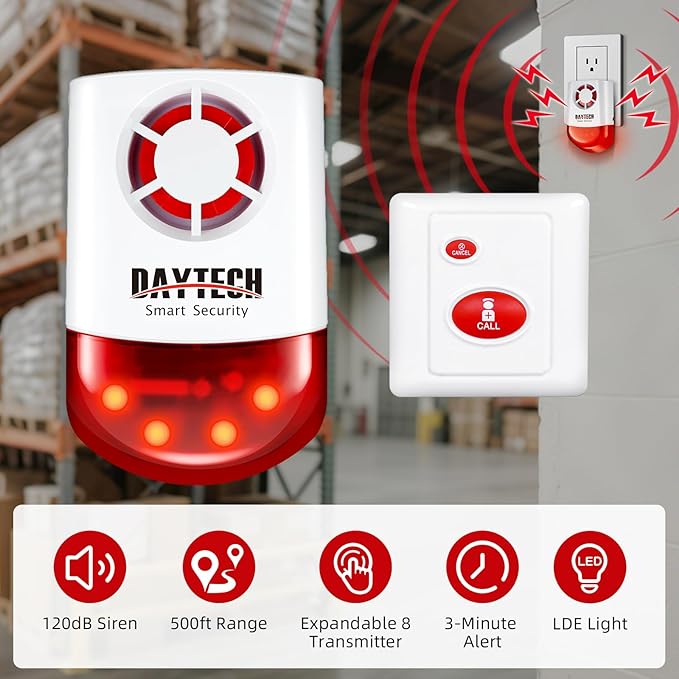 Daytech Remote Emergency Strobe Siren Alarm Kit Waterproof Outdoor Loud Panic Sos Warning System for Business Home Shop Hotel School 800ft 1 Red Flashing Siren+ 4 Call Buttons
