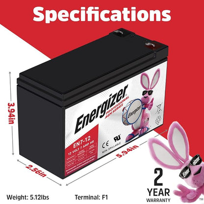 Energizer EN7-12, 12 Volt 7 Amp Hr, Long Lasting Sealed Lead Acid AGM | Replacement for Ride on Razor Scooter / E90, APC smart UPS, Solex alarm battery, Trophy Deer feeder, CyberPower CP600LCD