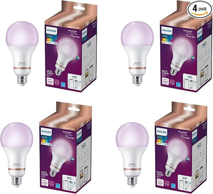 Philips Smart 100W A23 LED Light Bulbs 4-Pack - Connects to Your Wi-Fi - E26- Control with Voice or App + Activate with Motion - Matter Compatible