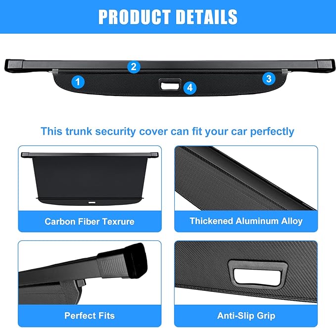AUXKO Retractable Cargo Cover for 2026 Hyundai Ioniq 9 with 4PCS Car Headrest Hooks, Trunk Cargo Cover Luggage Security Shade Cover Shielding Shade Anti-Peeping Luggage Privacy Screen, Carbon Fiber