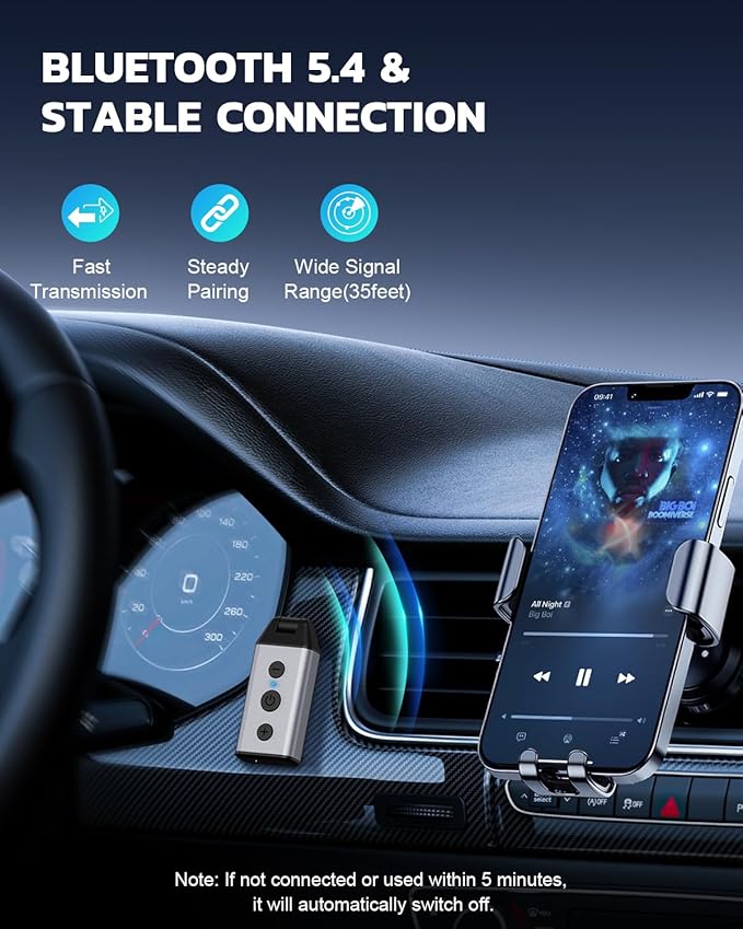 1Mii B04 Bluetooth 5.4 Receiver for Car, 3.5mm Jack AUX Bluetooth Car Adapter, Wireless Audio Receiver for Home Stereo with Volume Control, Hands-Free Clear Call, 16H Battery Life (RX Only)