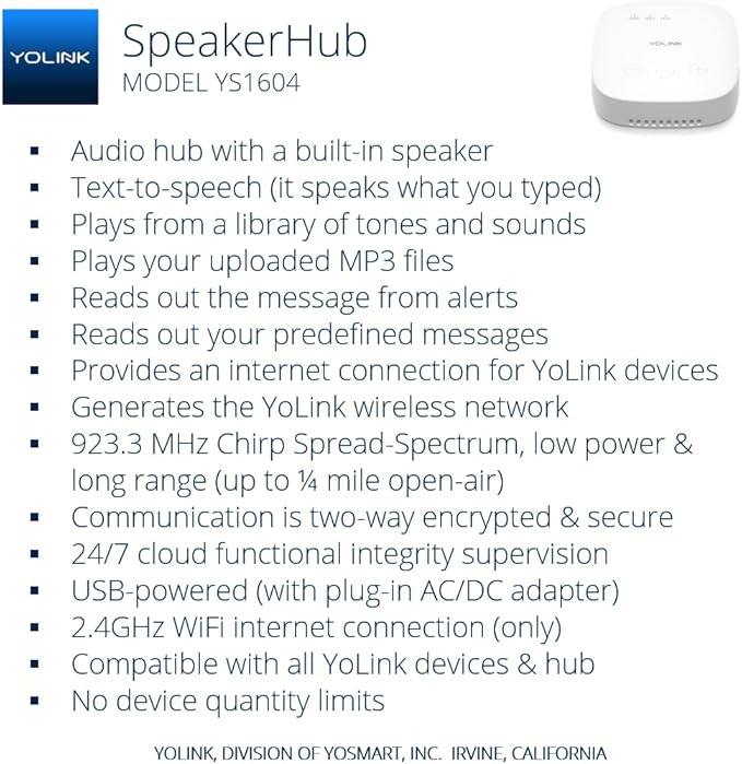 YoLink SpeakerHub - Smart Home Speaker Hub, Plays Tones/Alarms and Your Text-to-Speech Custom Messages, Voice Announcements, Audio Voice Alert, Spoken Alerts, LoRa-Powered ¼ Mile Range, WiFi Required