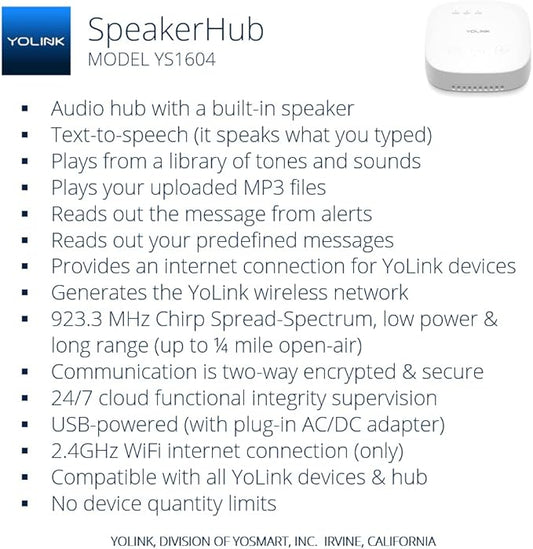 YoLink SpeakerHub - Smart Home Speaker Hub, Plays Tones/Alarms and Your Text-to-Speech Custom Messages, Voice Announcements, Audio Voice Alert, Spoken Alerts, LoRa-Powered ¼ Mile Range, WiFi Required