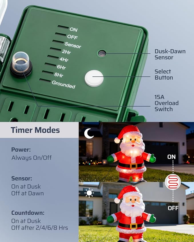 DEWENWILS Outdoor Power Stake Timer, Dusk to Dawn Timer with 6 Outlets | 1800W/15A, 6ft Extension Cord, Waterproof Cover, Overload Protection, Works for Yard, Garden, Patio Lights, ETL Listed