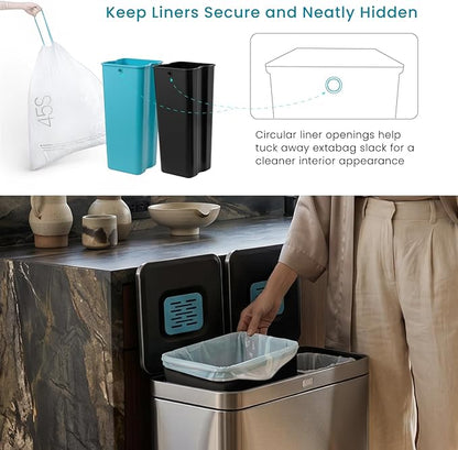 Home Zone Living 16 Gallon Kitchen Trash Can with Dual Compartments for Recycling, CleanAura Odor Control, Stainless Steel, Silver, 60 Liters Total