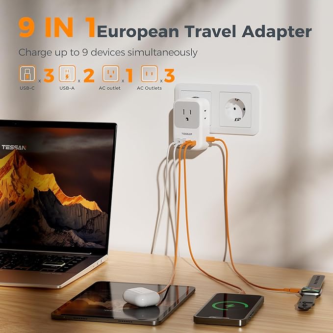 TESSAN European Travel Plug Adapter, Foldable EU Plug, PD 28W
