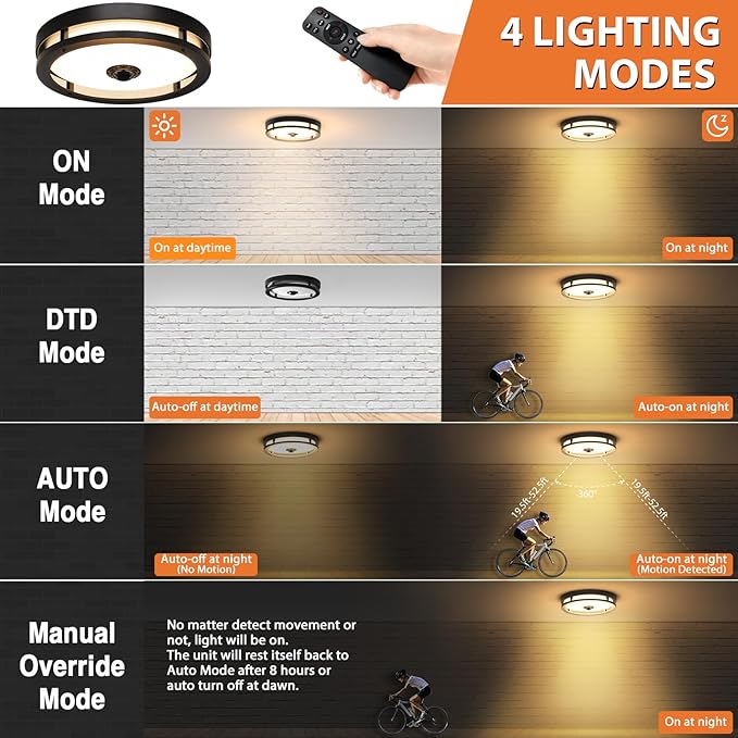 Outdoor Motion Sensor Ceiling Light with Remote,24W Dimmable & 2700K-3000K Adjustable Exterior Flush Mount Ceiling Lights,12" Outdoor Porch Light Fixture for Garage,Entryway,Patio,2 Pack