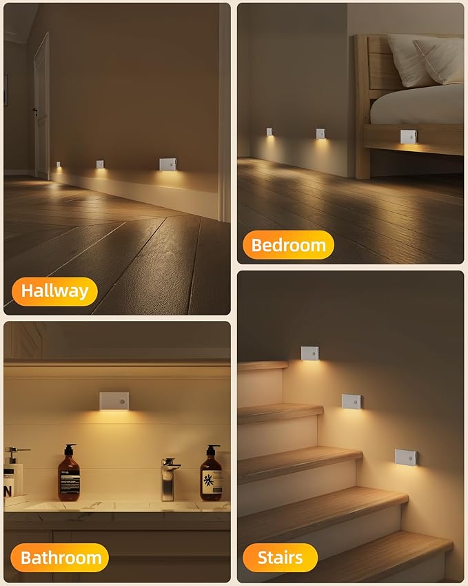 EZVALO Motion Sensor Stair Lights Indoor, Rechargeable Night Lights with Magnetic & Dimmable, Auto On/Off 3000K Soft White, Stick-On for Stairs, Hallway, Bathroom (4 Pack)
