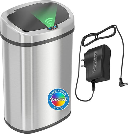 SensorCan 50 Liter / 13 Gallon Kitchen Trash Can with AC Adapter & Odor Filter Kit – Motion Sensor Stainless Steel Garbage Bin for Home, Office, Garage – Slim Oval Shape, Large Capacity Design