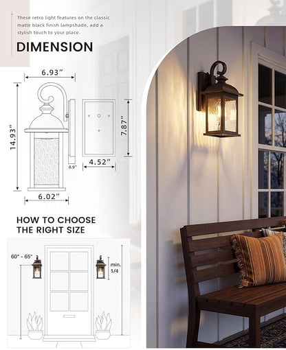 FEMILA Dusk to Dawn Outdoor Wall Sconces, 15" ORB Front Porch Light Fixtures Wall Mount, Exterior Light for Patio, Entryway, Garden, Water Ripple Glass, UL Listed, 4FD54B-PC ORB-WP