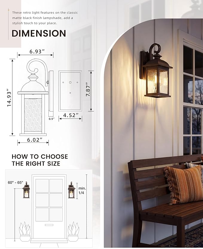 FEMILA Outdoor Wall Light Fixture, Exterior Waterproof Wall Sconce, 15" Exterior Front Porch Lights, Anti-Rust ORB Finish with Water Ripple Glass, UL Listed, 4FD54B ORB-WP