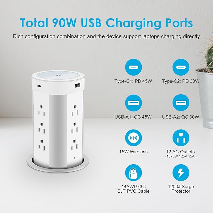 HEZI 4-inch Pop Up Countertop Outlet with 15W Wireless Charger,Max 45W Power Delivery,2 USB-A & 2 USB-C & 12AC Outlets Tamper Resistant 15A, Island Pop Out for Home Office Kitchen