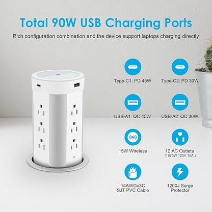 HEZI 4-inch Pop Up Countertop Outlet with 15W Wireless Charger,Max 45W Power Delivery,2 USB-A & 2 USB-C & 12AC Outlets Tamper Resistant 15A, Island Pop Out for Home Office Kitchen