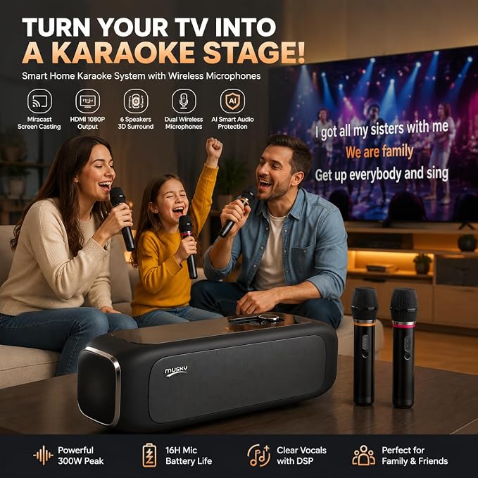 Karaoke Machine for TV with Dual Wireless Microphones, 6-Speaker Home Karaoke System, Screen Casting & HDMI 1080P Output,3D Surround Sound with DSP Audio, AI Hearing Protection for Kids & Family Party