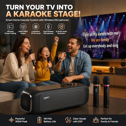 Karaoke Machine for TV with Dual Wireless Microphones, 6-Speaker Home Karaoke System, Screen Casting & HDMI 1080P Output,3D Surround Sound with DSP Audio, AI Hearing Protection for Kids & Family Party