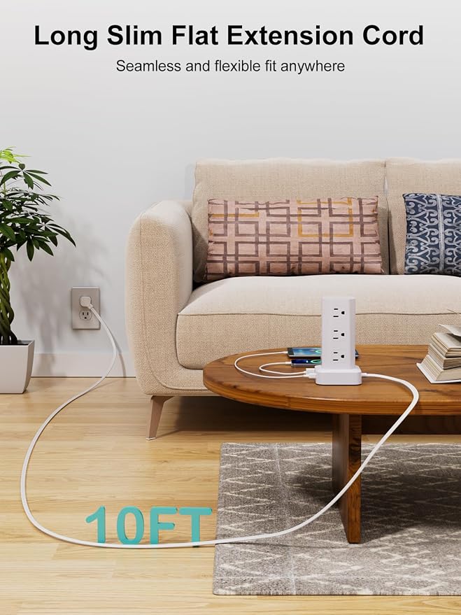 Power Strip Tower Surge Protector, 10FT Flat Plug Extension Cord with Multiple Outlets, 12 AC Outlets 4 USB (2 USB C), Desktop Charging Station with Surge Protection for Home Office Dorm Room, White