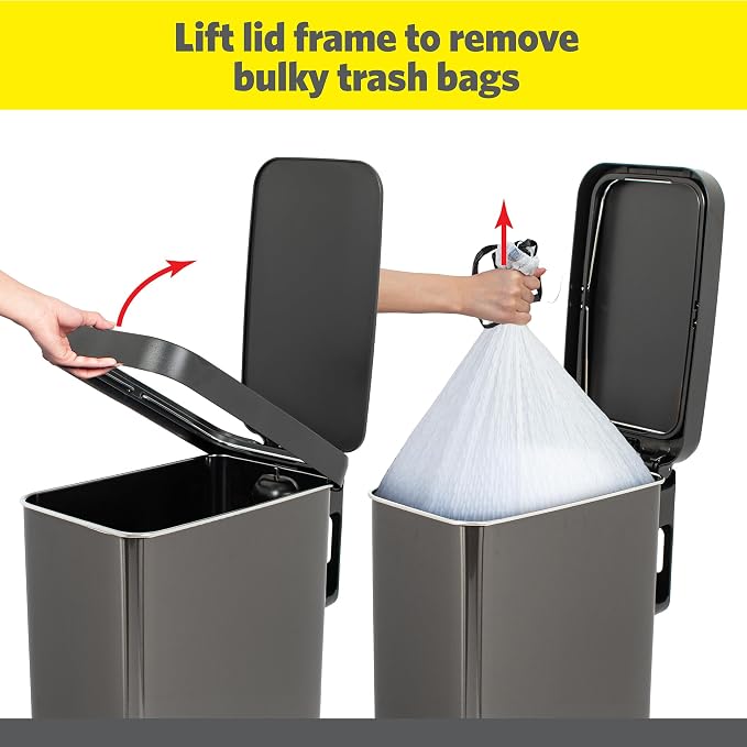 Glad Stainless Steel Slim Trash Can with Clorox Odor Protection - Narrow Kitchen Garbage Bin with Soft Close Lid, Step On Foot Pedal and Waste Bag Roll Holder, Pewter, 12 Gallon/45 Liter