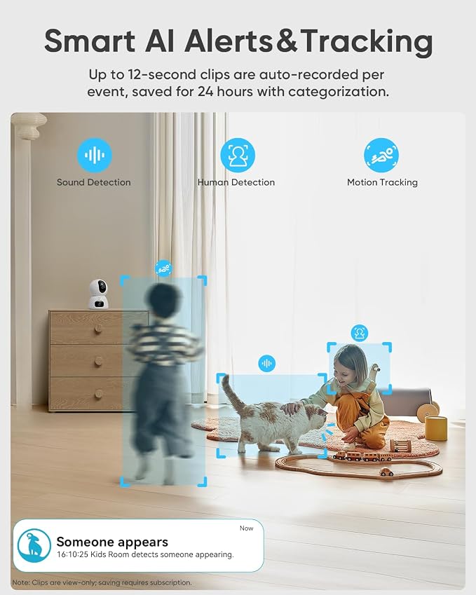blurams 2K Dual-Lens Indoor Camera, 360° PTZ Pet Camera with Phone App, Split-Screen View, Free Human/Sound Detection, Dual-Band WiFi 6, Compatible with Alexa