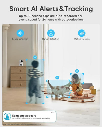 blurams 2K Dual-Lens Indoor Camera, 360° PTZ Pet Camera with Phone App, Split-Screen View, Free Human/Sound Detection, Dual-Band WiFi 6, Compatible with Alexa