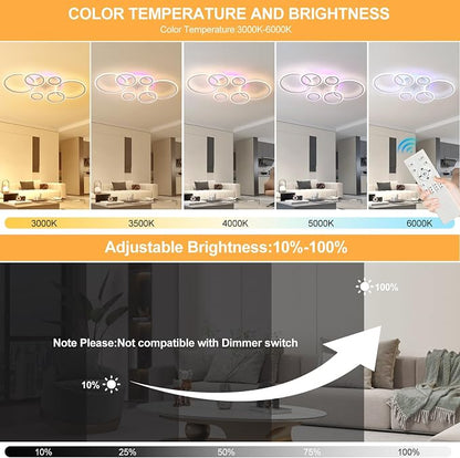 AITINZ Modern LED Ceiling Light 70W, 6 Ring Flush Mount Fixture Remote | 4200LM Dimmable Ceiling Light with Remote, 3000K-6000K Color Changing RGB Backlight for Living Room Bedroom Dining Room