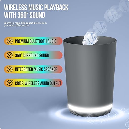 MVMT Trash Can with LED Light-Up Wireless Speaker - 9.8L (2.6 Gal) Smart Trash Bin, Bluetooth 360 Sound, Multi-Color LED Base, IPX4 Water-Resistant, FM Radio, Rechargeable Battery, Space-Saving Design