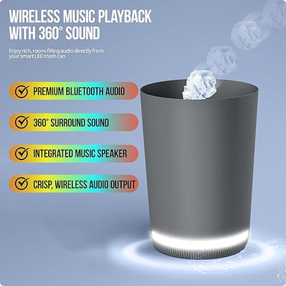 MVMT Trash Can with LED Light-Up Wireless Speaker - 9.8L (2.6 Gal) Smart Trash Bin, Bluetooth 360 Sound, Multi-Color LED Base, IPX4 Water-Resistant, FM Radio, Rechargeable Battery, Space-Saving Design