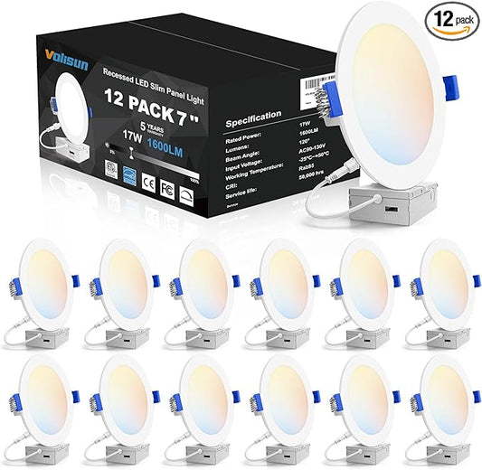VOLISUN 12 Pack 7 inch Recessed Lighting, 5CCT LED Recessed Light with Junction Box, 2700K-5000K Selectable, Dimmable Canless Wafer Downlight, LED Ceiling Light ETL Certificated