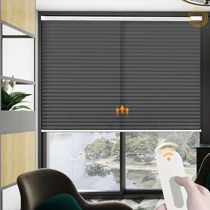 Motorized Cellular Shades Cordless Light Filtering Rechargeable Window Curtains with Remote for Privacy Protection Smart Home Electric Automatic Honeycomb Blinds for Windows, 33" x 48", Black