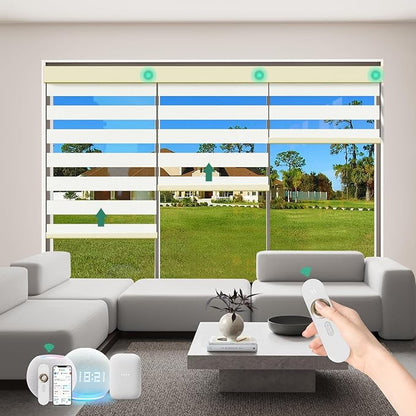 Motorized Zebra Blinds with Remote [Dual Layer + Light Filtering] 60% Blackout Smart Shades for Indoor Windows, Alexa Google and HomeKit Compatible, Customized Size, Woven Oat
