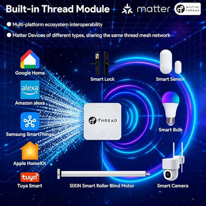 Matter Over Thread Smart Roller Shade Motor, 2600mAh Battery Powered Blind Motor Kit for 1.5" Tube, DIY Motorized Blinds with Remote Control, Compatible with HomeKit, Alexa, Google Home, SmartThings